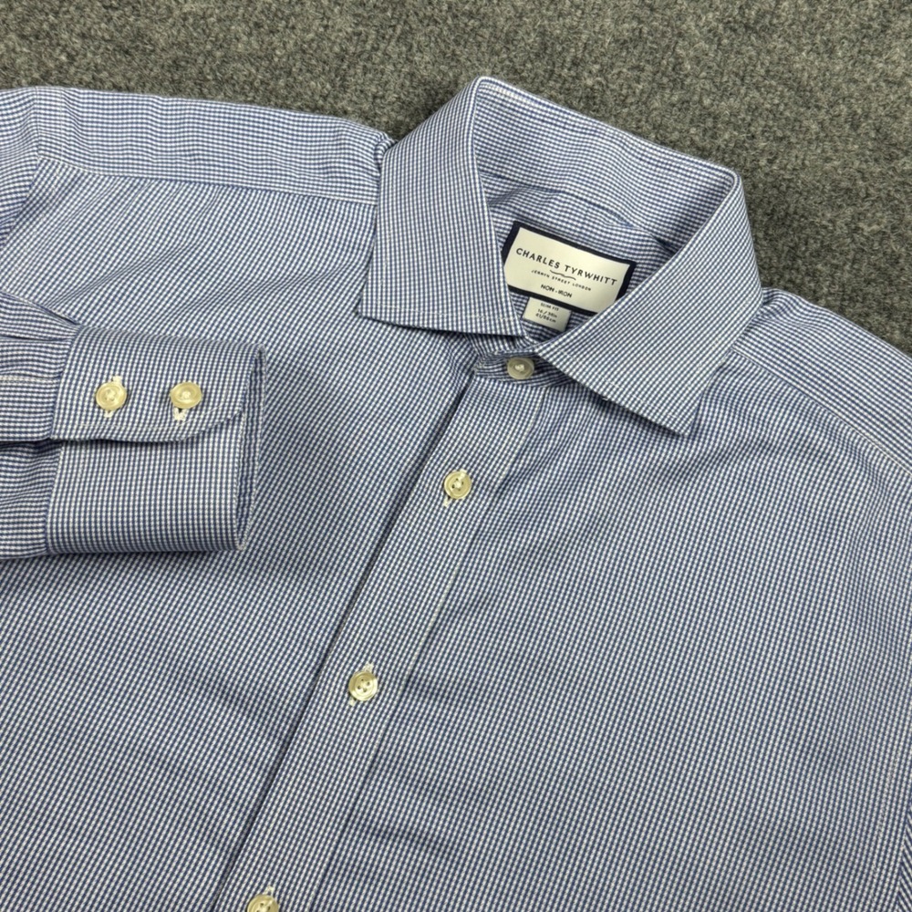 Charles Tyrwhitt Mens 16/34 Slim Fit Non-Iron Blue Gingham Dress Shirt Cotton